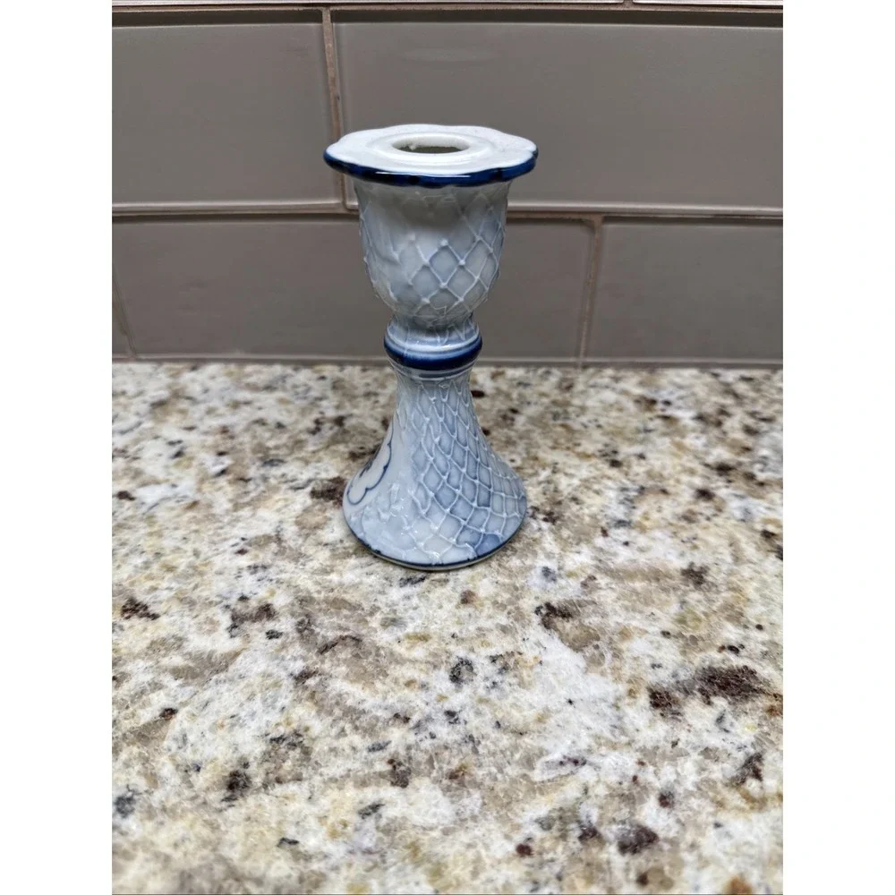 Vintage Blue White Delft Design Candlestick Holder 5 Inches blue felt bottom